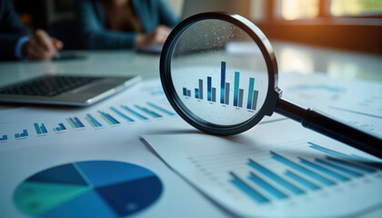 Business people analyzing data charts, graphs. Documents with charts, graphs on table. Magnifying glass on top of documents. Focus on data. Research, investigation concept. Business intelligence.