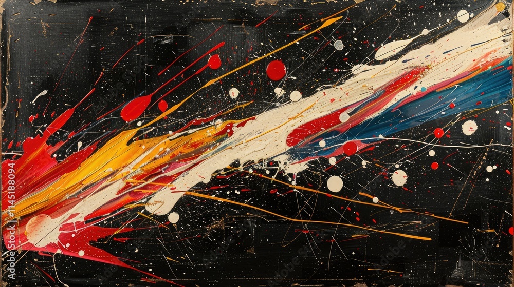 Poster abstract artwork featuring dynamic splashes of color against a dark background.