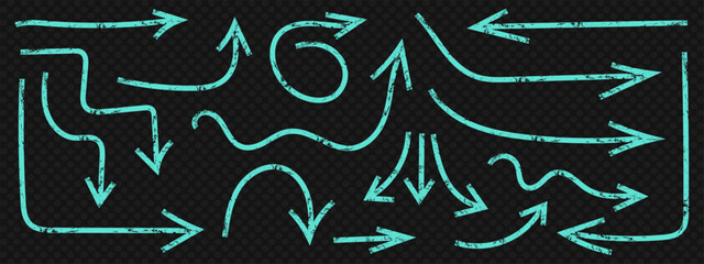 Grunge style arrows set. Spirals, wavy curves and swirls in playful Brush strokes. Trendy abstract vector illustration.