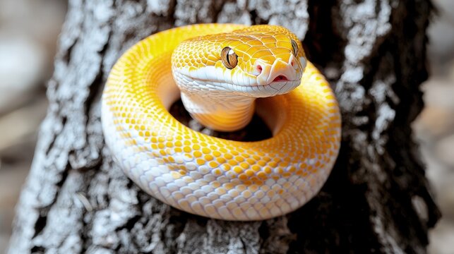 Yellow albino python coiled on tree trunk.