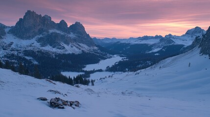 Serene Winter Landscape at Dusk with Snowy Mountains and Valley
