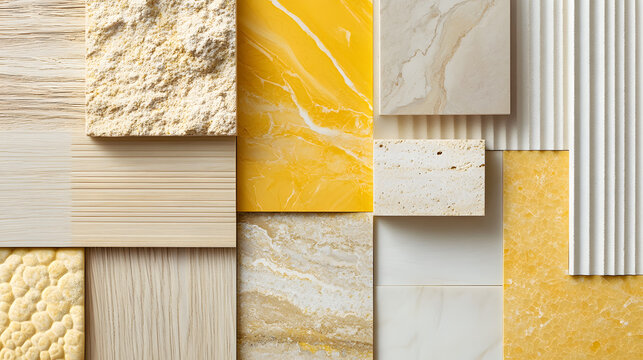 A tactile arrangement of textures combining light wood veined marble yellow ceramic and fine beige patterns.