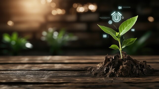 A small green plant thrives as it sprouts from a tree stump, surrounded by a soft-focus natural environment filled with glowing symbols that suggest growth and vitality