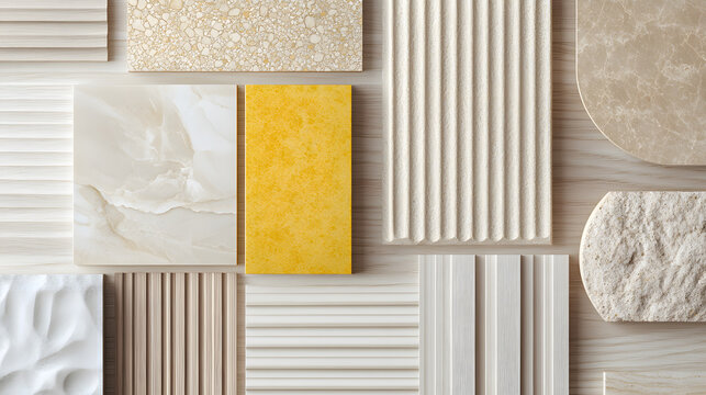 A tactile arrangement of textures combining light wood veined marble yellow ceramic and fine beige patterns.