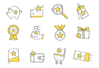 Reward bonus gift icon set. Hand-drawn sketch style icons of benefits, loyalty prizes, gifts, coupons,