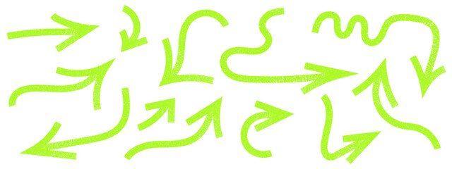 Grunge style arrows set. Spirals, wavy curves and swirls in playful Brush strokes. Trendy abstract vector illustration.