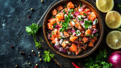 Fresh salmon ceviche with onions and herbs served in a bowl