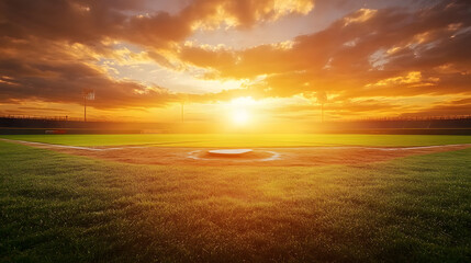 A vibrant baseball field at sunset with the glowing orange sky reflecting off the bases and green outfield.