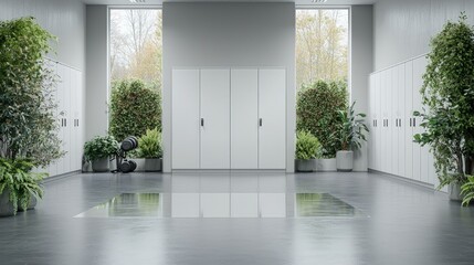 Modern minimalist office interior with plants and reflective floor.