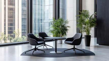 Fototapeta premium Three sleek chairs surround a round table in a contemporary office space. Floor-to-ceiling windows allow natural light and reveal an urban skyline, complemented by indoor plants