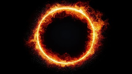 Naklejka premium A blazing ring of fire glowing brightly with intense orange and yellow flames against a solid black background.