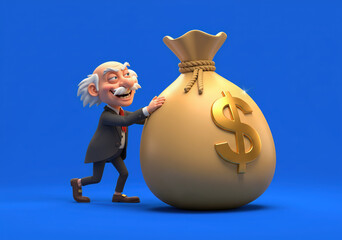 Rich old business scrooge pushing his enormous gold money bag to the bank - isolated on blue background 3D cartoon