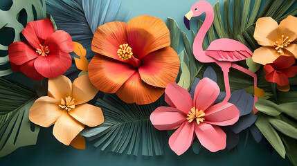 A tropical-inspired paper flower bouquet with vibrant hibiscus bright bird-of-paradise flowers and lush green leaves.
