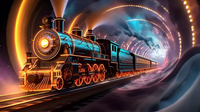 A classic old steam train travelling through a surreal tunnel
