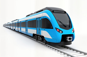 Naklejka premium Modern blue commuter train glides on tracks. Empty train on white background. Fast, efficient, urban transit system. Clean design. New tech. Public transport. Smooth journey. Fast urban mobility.
