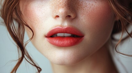Close-up of a woman's lips with freckles and a soft, vibrant lipstick shade.