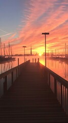 Obraz premium Serene sunset over a marina with silhouetted boats and a wooden pier.
