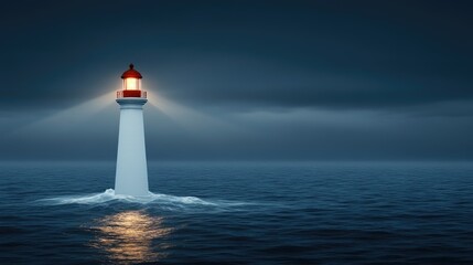 A lighthouse stands tall in the ocean, its light shining through the twilight sky. Dark clouds loom, adding a dramatic touch to the peaceful water surrounding it