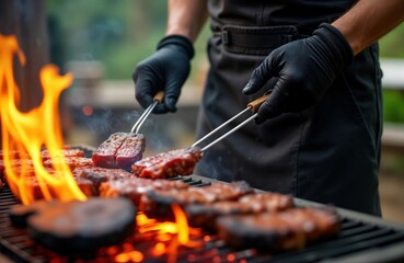 Gaucho cooks meat on barbecue grill outdoors. Person in black apron, gloves handles meat with tongs. Grilled meat sizzles over hot coals. Appears to traditional Argentine barbecue. Spicy, flavorful