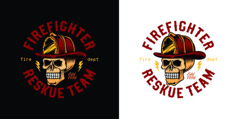 Human skull in a fire helmet. Firefighter. Original vector illustration in vintage style. T-shirt design.