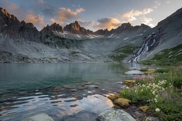 Crystal-Clear Alpine Lake Surrounded by Snow-Capped Peaks, Reflecting Mountains and Ripples from Jumping Fish, Vibrant Wildflowers, Glistening Rocks, and a Distant Waterfall