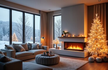 Fototapeta premium Cozy modern living room with snowy mountain view. Warm ambient lighting highlights minimalist white Christmas tree, sleek electric fireplace. Stylish furniture creates festive yet contemporary