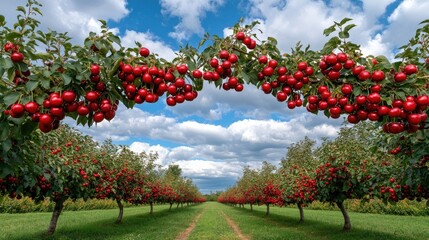 Bright red cherries dangle from branches amid verdant trees against a clear blue sky