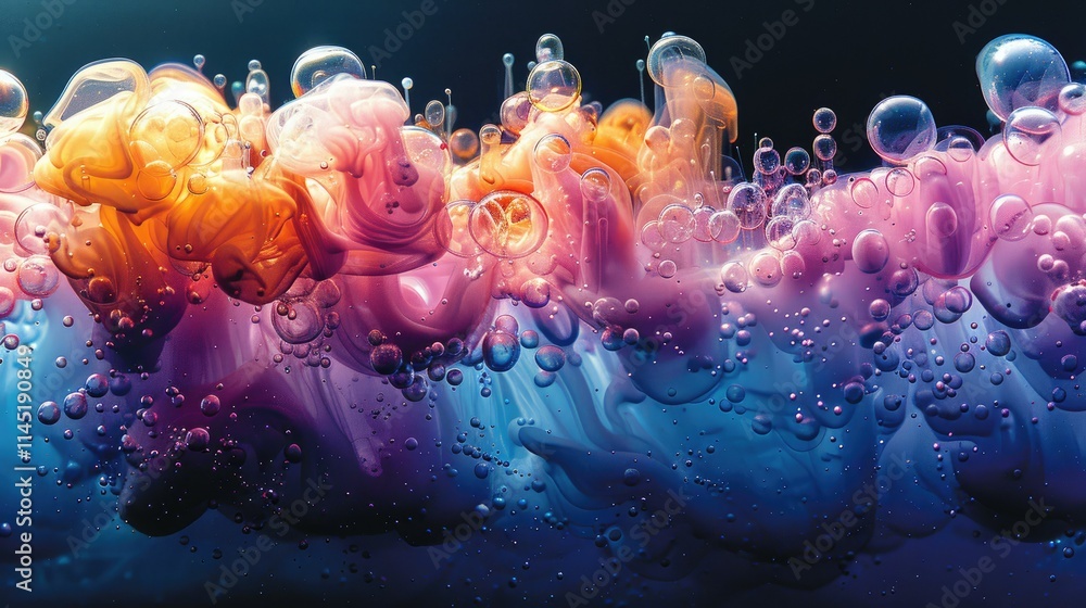 Poster abstract colorful liquid with bubbles, creating a vibrant and dynamic visual effect.