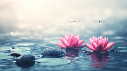 Serene water scene with pink lotus flowers and dragonflies above.