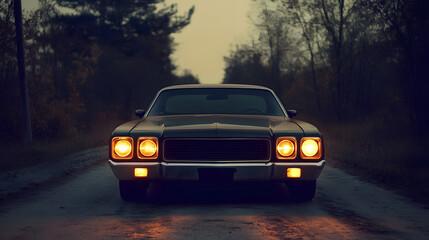A vintage muscle car front view with warm glowing headlights parked on a lonely rural road during dusk.
