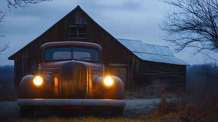 A vintage pickup truck front view with warm headlights glowing softly parked in front of a rustic barn at dusk.