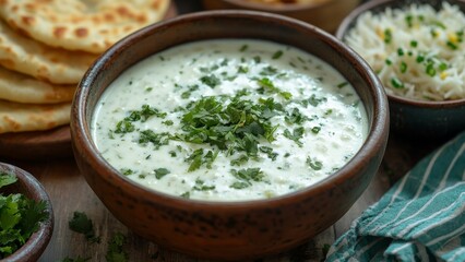 Delicious yogurt dip with herbs and Indian bread served in a bowl