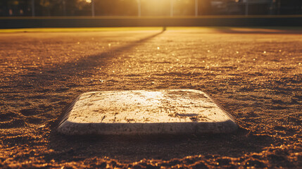A weathered baseball field under golden hour lighting with the sun casting long shadows over the bases and pitchers mound.