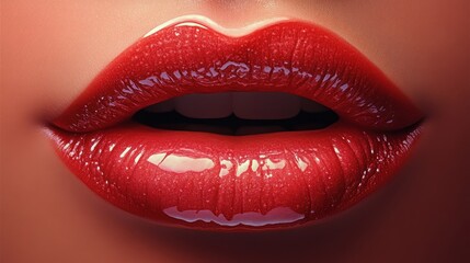 Close-up of glossy red lips with a subtle shine and slightly open mouth.