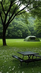 A green tent is pitched in a verdant forest filled with tall trees and delicate white flowers. Sunlight filters through the leaves, creating a serene camping atmosphere