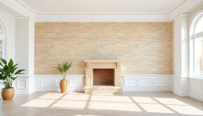 Fototapeta premium Clear afternoon Neo-Classical Stone Wall Living Room featuring white decorative skirting boards for an elegant touch