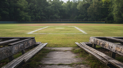 A weathered baseball field with faded chalk lines and patches of grass missing surrounded by rustic wooden bleachers.