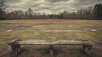 A weathered baseball field with faded chalk lines and patches of grass missing surrounded by rustic wooden bleachers.