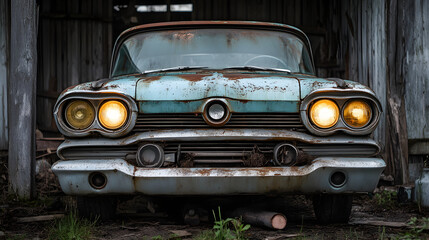 A weathered classic car front view with faded circular headlights glowing softly parked in a rustic barnyard.