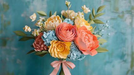 A vibrant paper flower bouquet with coral peonies yellow ranunculus and soft blue hydrangeas tied with a silk ribbon.