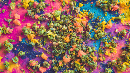 A vibrant pile of finely ground weed and fresh green buds resting on a colorful gradient background.