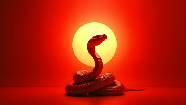 Red Serpent Under a Crimson Sun: A Mystical 3D Render