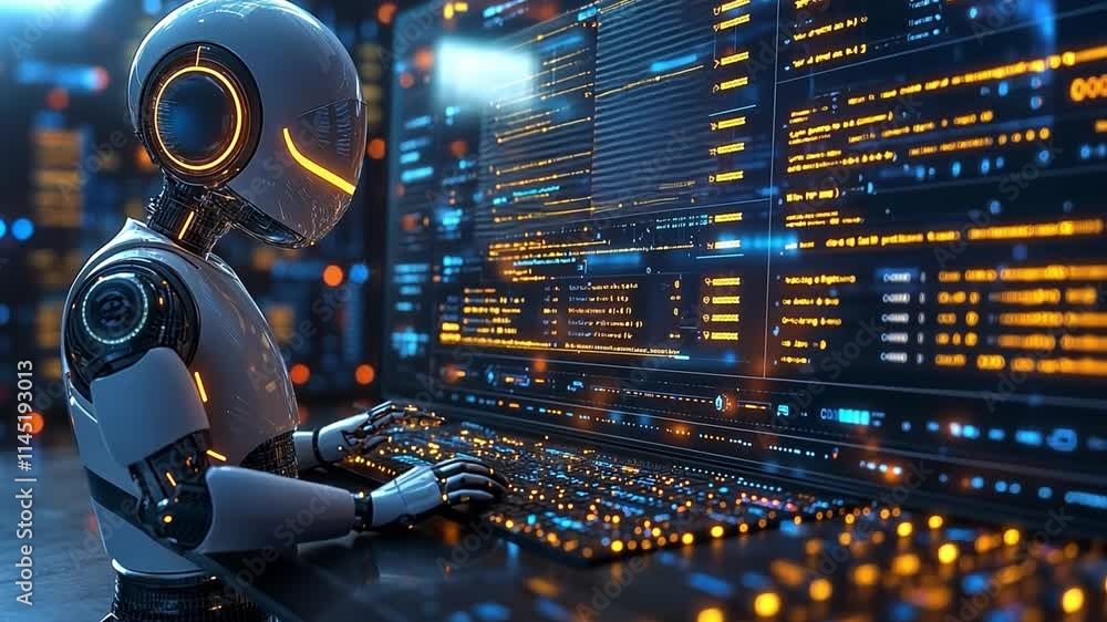 Poster futuristic robot interacting with advanced computer interface in vibrant digital environment
