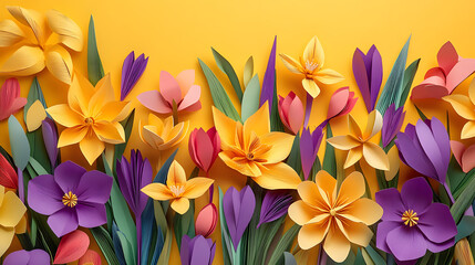 Obraz premium A vibrant spring-themed paper flower bouquet featuring tulips daffodils and crocuses in bright yellows and purples.