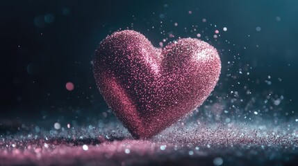 Fototapeta premium Sparkling Pink Glitter Heart on Dark Background with Glowing Effect