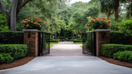 Obraz premium A beautiful entrance showcases black gates adorned with vibrant orange rose planters. Lush greenery surrounds the inviting pathway leading to a peaceful garden area