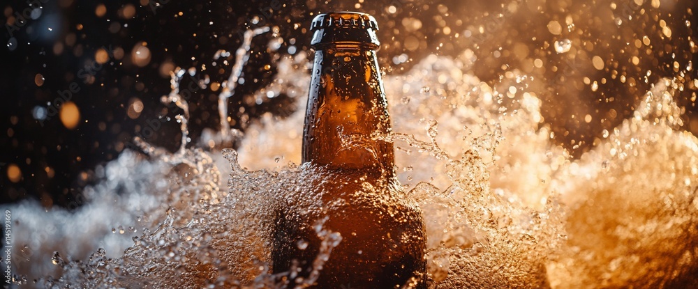 Poster a bottle of beer surrounded by splashing water, creating a dynamic effect.