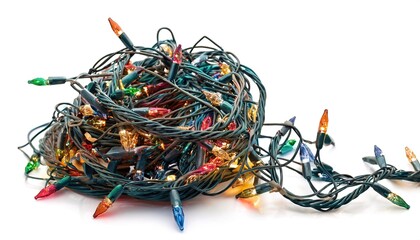 String of Christmas lights on white background. Colorful Christmas decoration. set of decorative christmas light bulbs. knotted and tangled up in a ball. isolated on white background with copy space