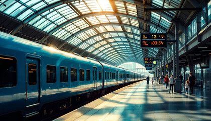 Obraz premium People waiting for a train at a modern station featuring bright natural light filtering through glass architecture
