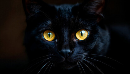Captivating black cat with striking yellow eyes gazes intensely at the viewer in a dimly lit environment